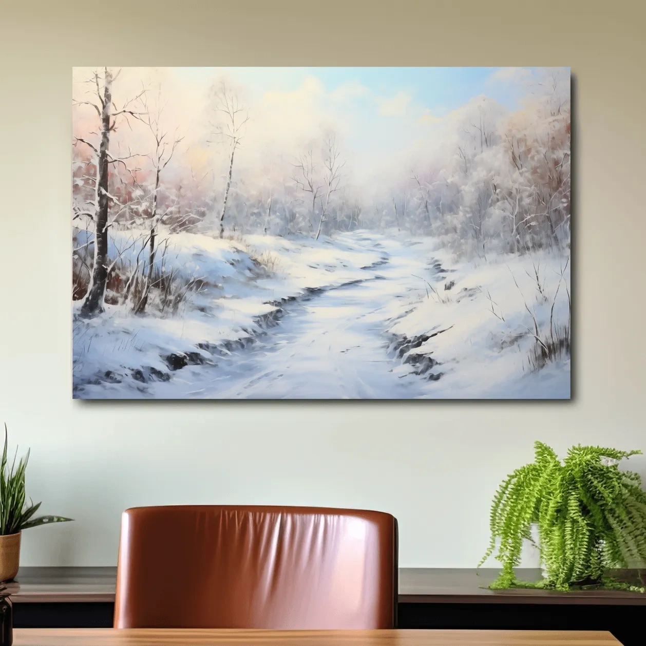 Winter landscape artwork, serene snowy forest path with soft pastel sky
