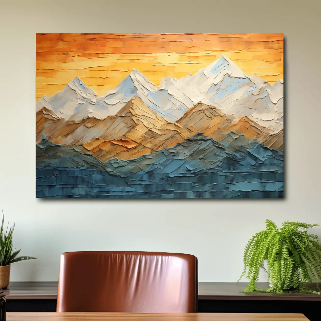 Glacier sunset mountain art, textured pallet knife painting effect