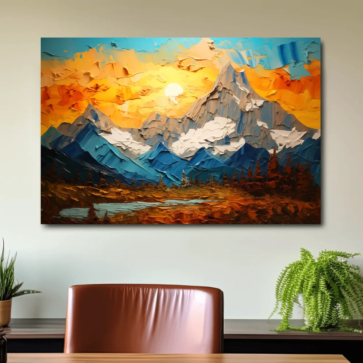 Textured Palette Knife Mountain Sunset - Vibrant Abstract Alpine Artwork
