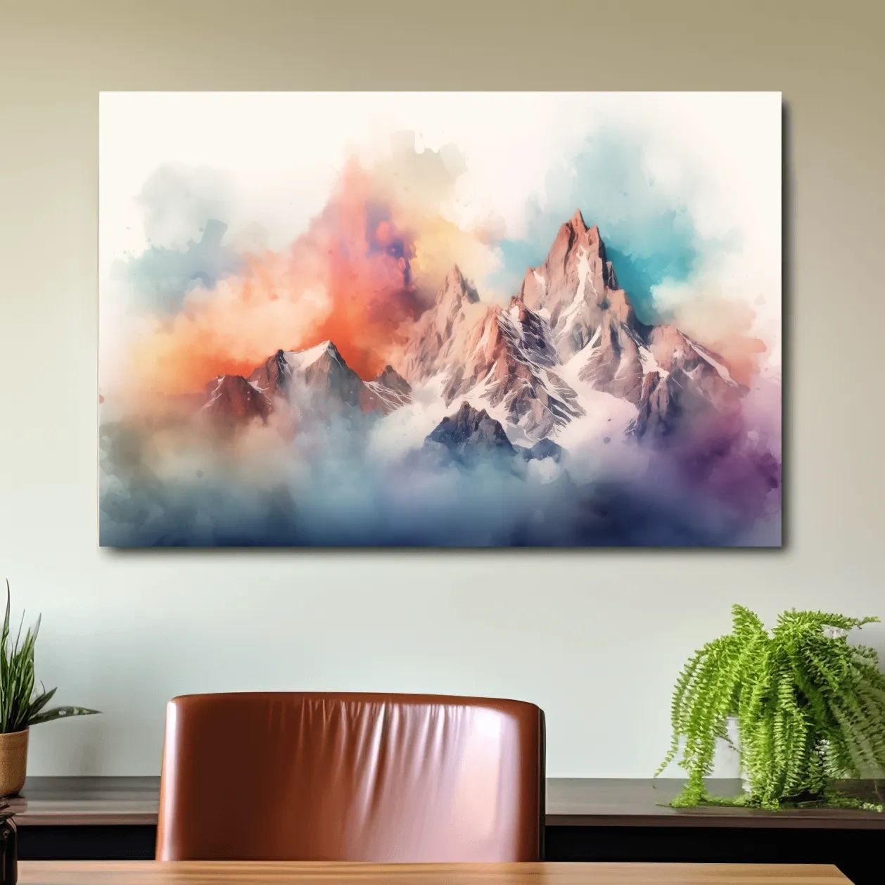 Abstract colourful mountain artwork, vibrant effect with clouds and peaks