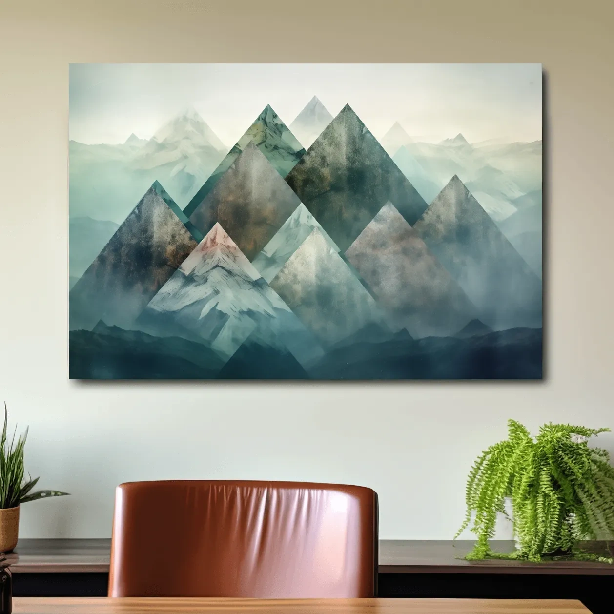Mystical mountain landscape artwork, layered geometric peaks in misty hues