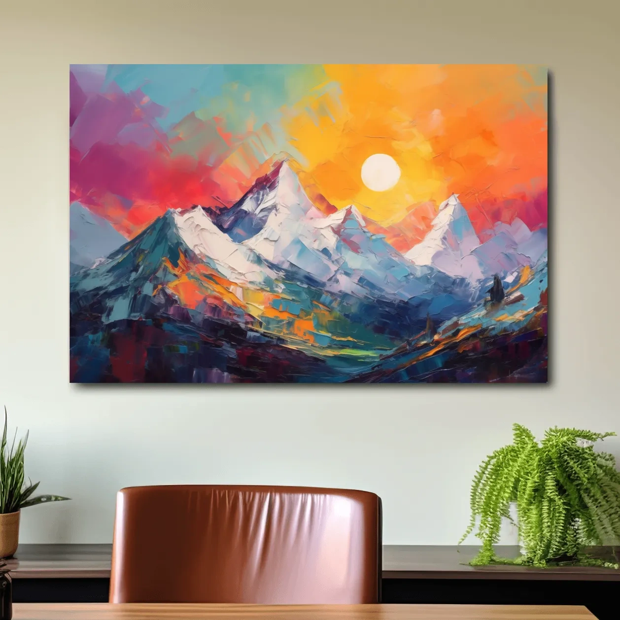 Colorful abstract mountain wall art, vibrant sunset oil painting print