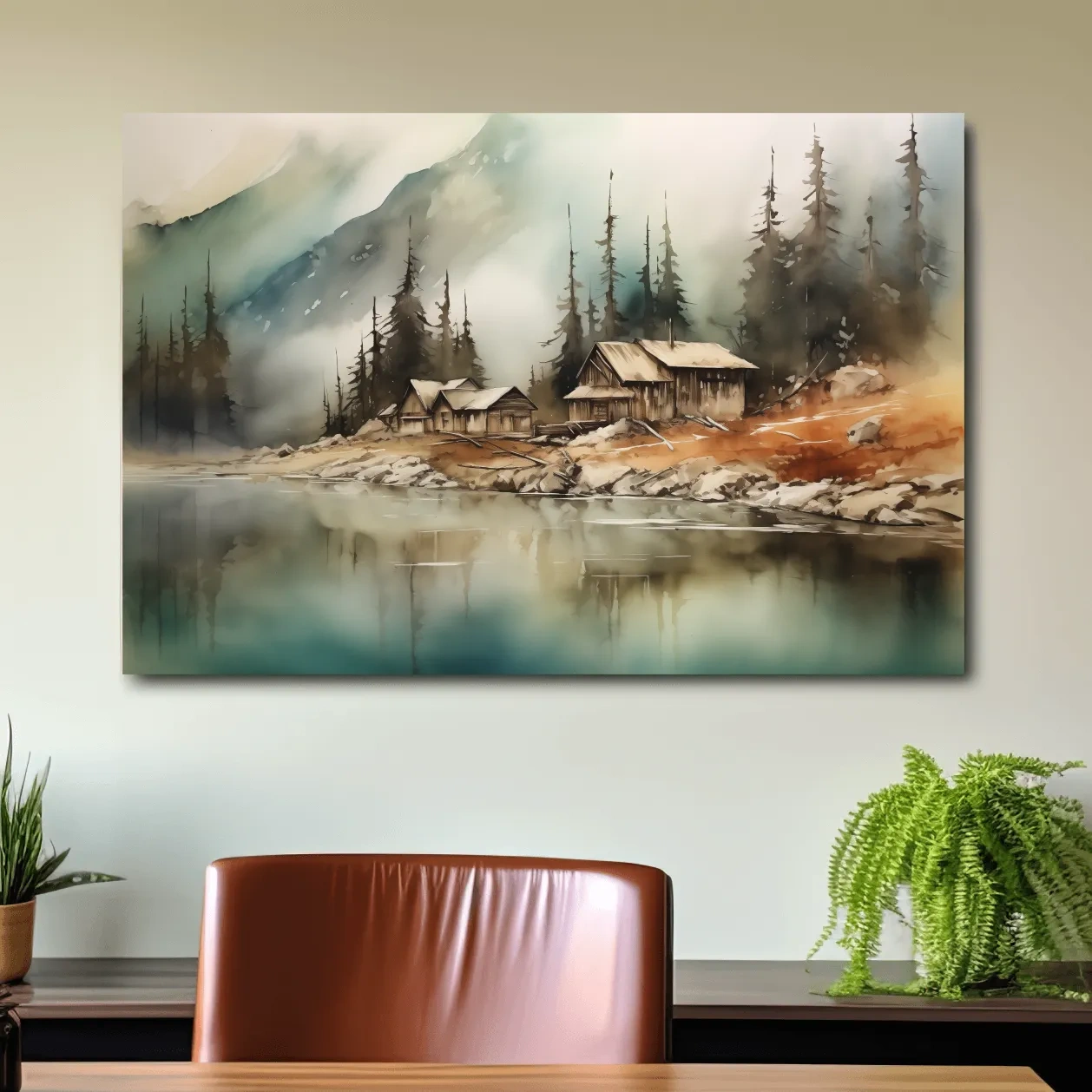 Rustic alpine mountain lake cabins, watercolor style landscape wall art