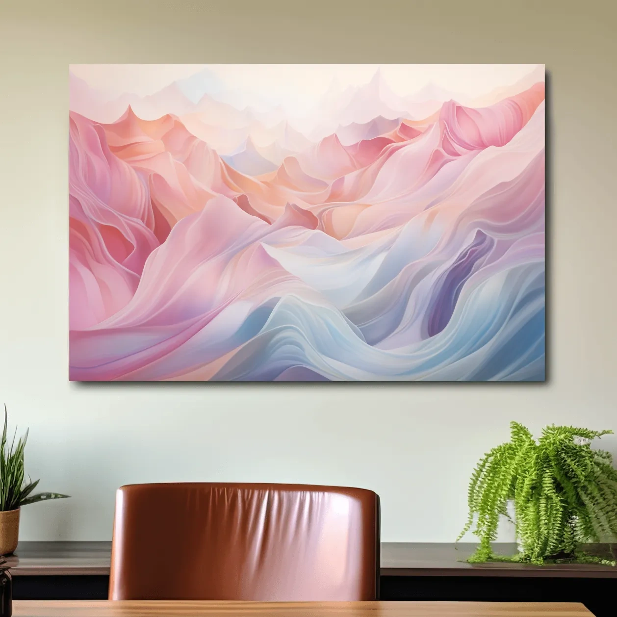 Soft pastel abstract mountain landscape artwork, flowing abstract waves in pink and blue tones