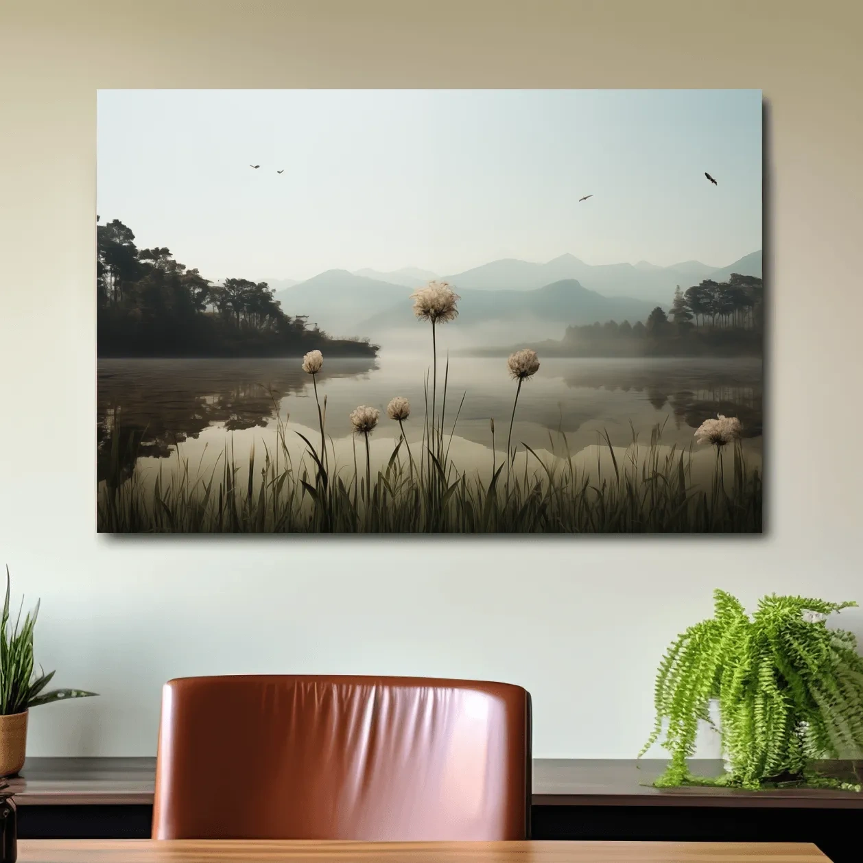 Photographic art painting of dandelions on the lake