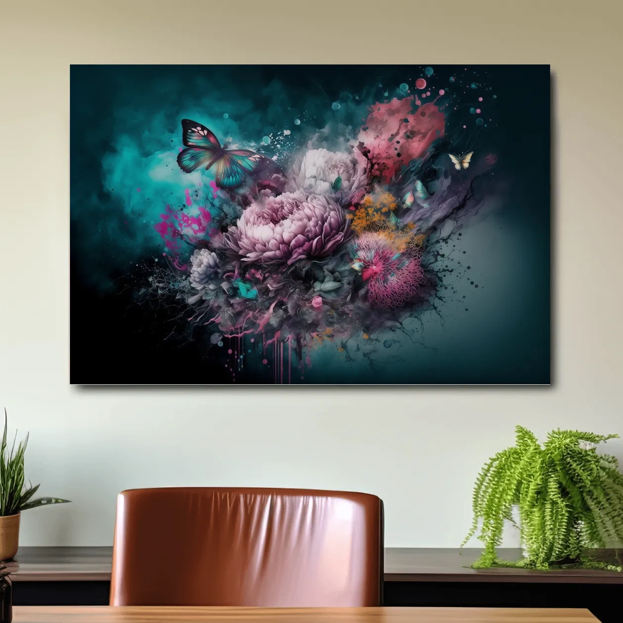 Surreal Floral Butterfly Explosion Painting - Vibrant Botanical Wall Art