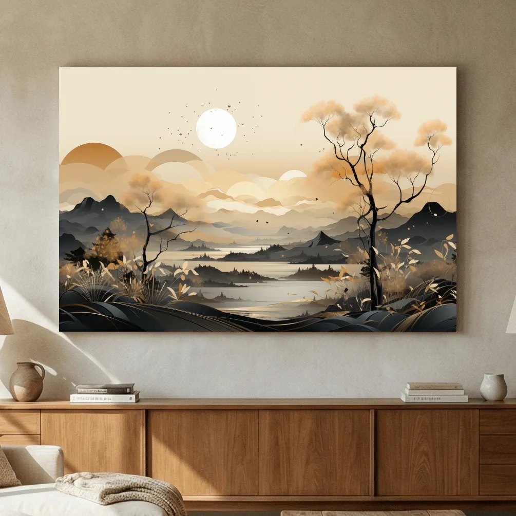 Japandi Misty Mountain Lake Landscape - Boho Wall Artwork