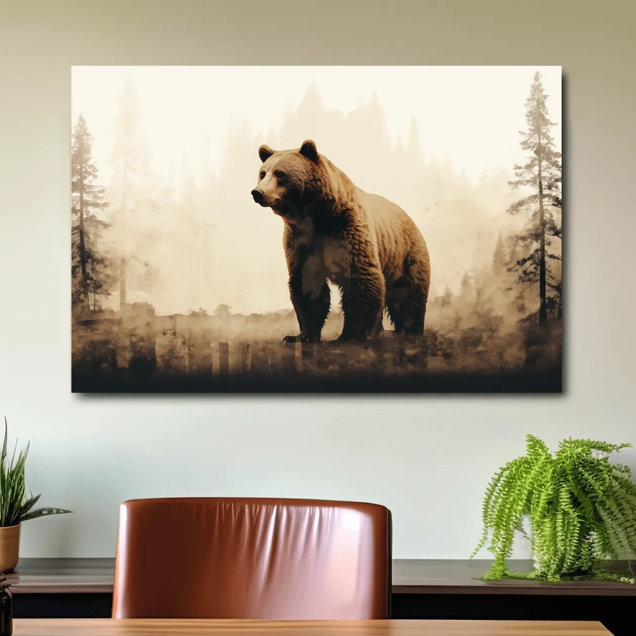Grizzly bear in the forest, double exposure sepia photography artwork