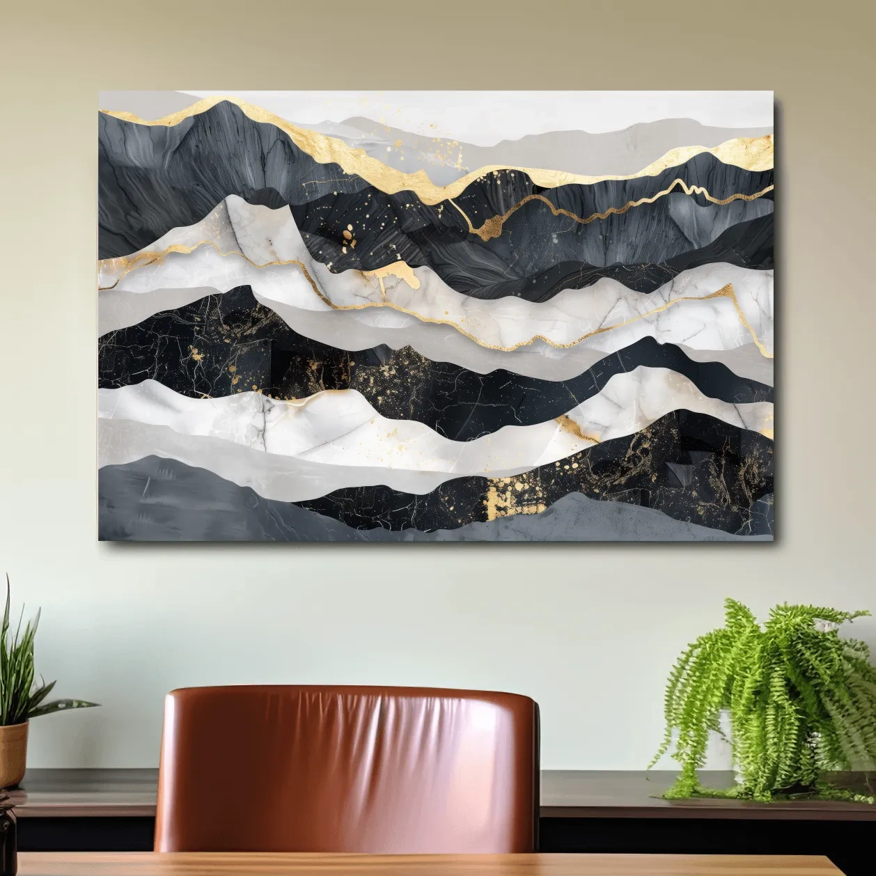 Abstract elegant artwork, layered mountain ridgelines, gold leaf style modern wall art