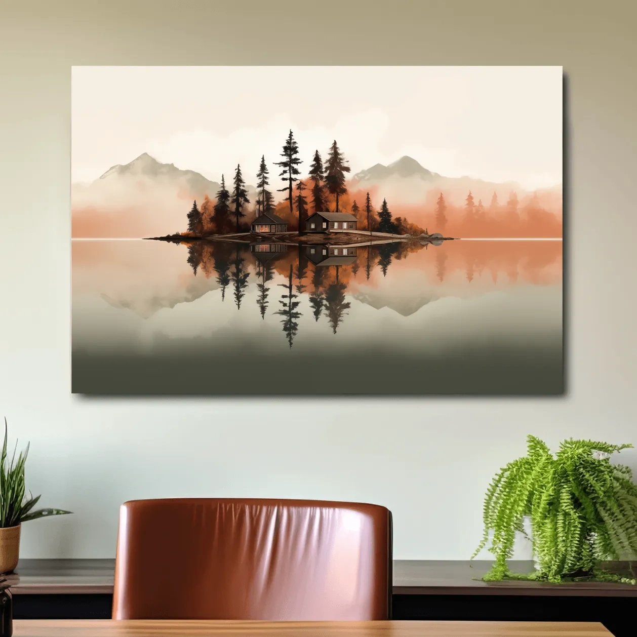 Minimalist art, lakeside cabin amongst the trees