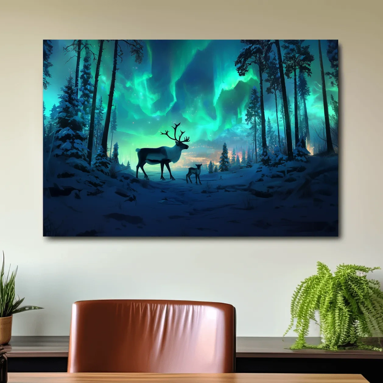 Caribou buck and fawn under vibrant northern lights in a snowy winter forest