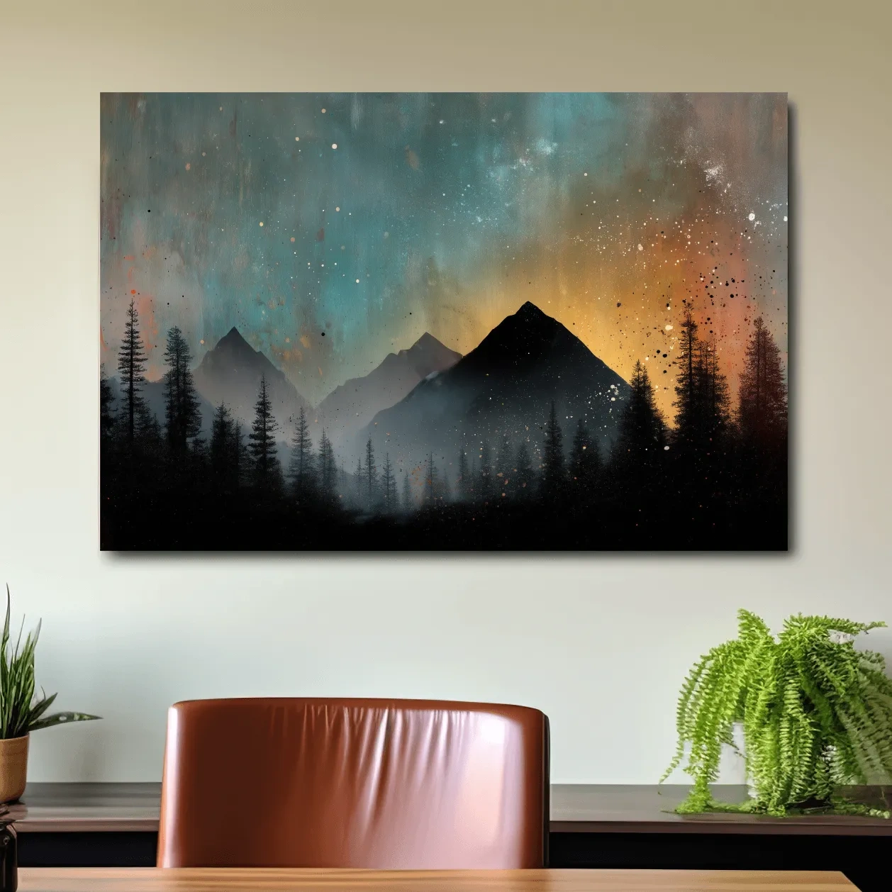 Colorful mountain sunrise artwork, misty forest and starry sky painting