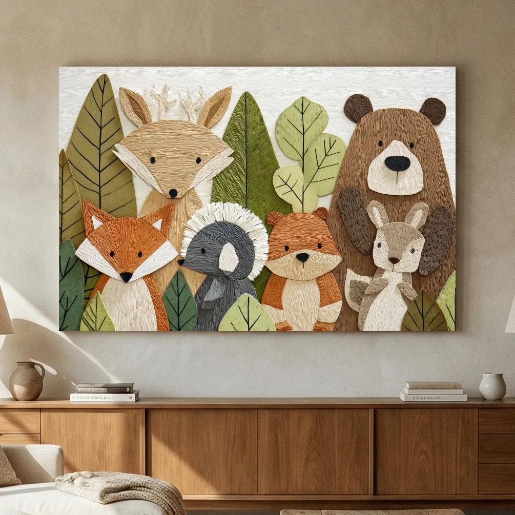 Woodland Animal Nursery Decor - Cute Forest Animals Embroidery Style Wall Art