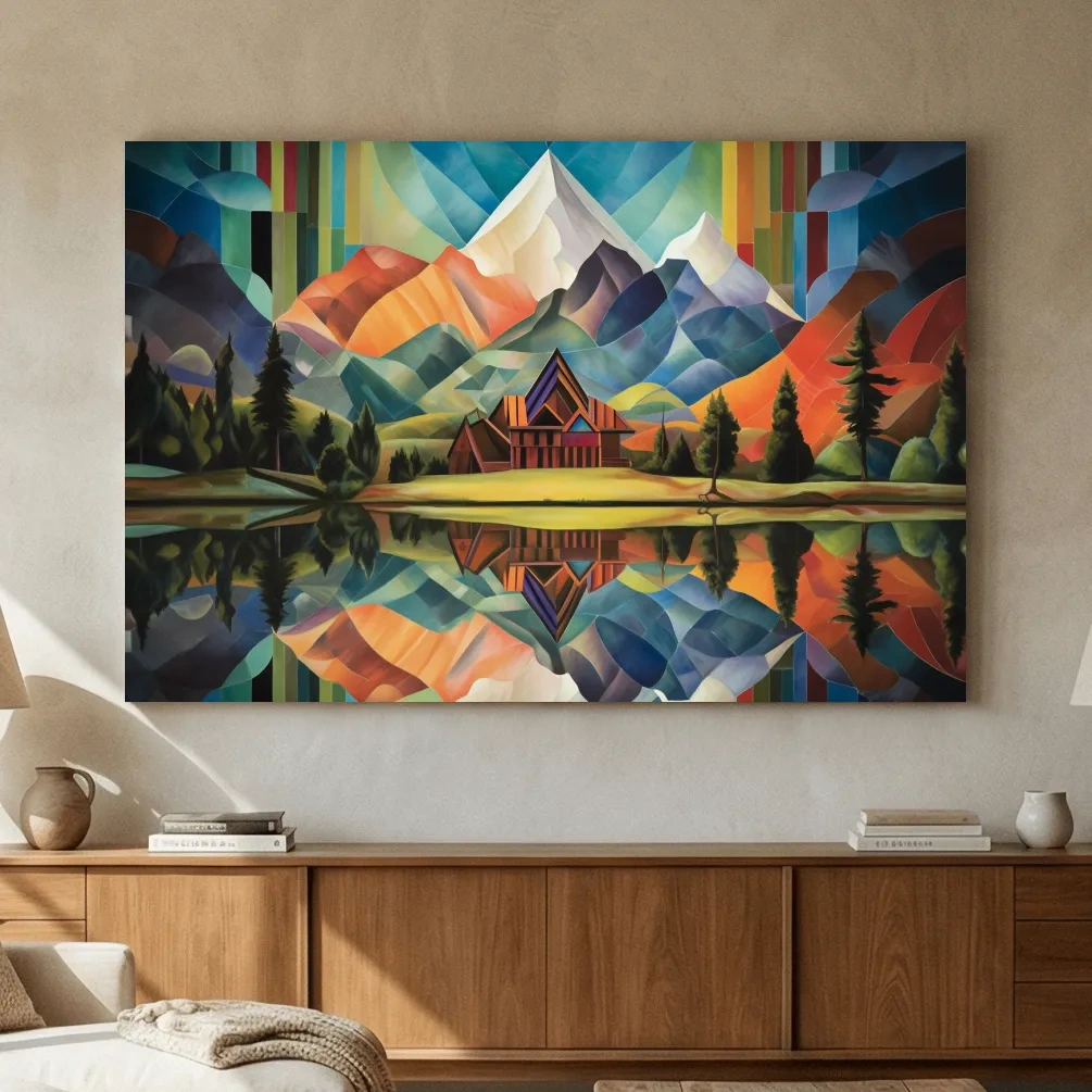 Vibrant Geometric Mountain Cabin Lake Reflection - Colorful Abstract Landscape Wall Art