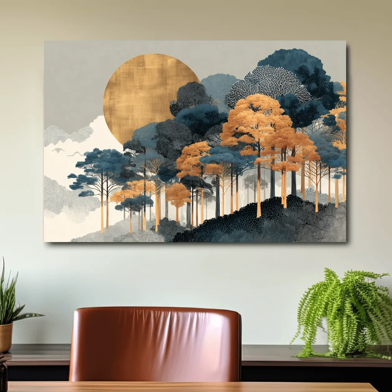 Modern chic boho forest wall art, elegant gold, teal and orange artwork