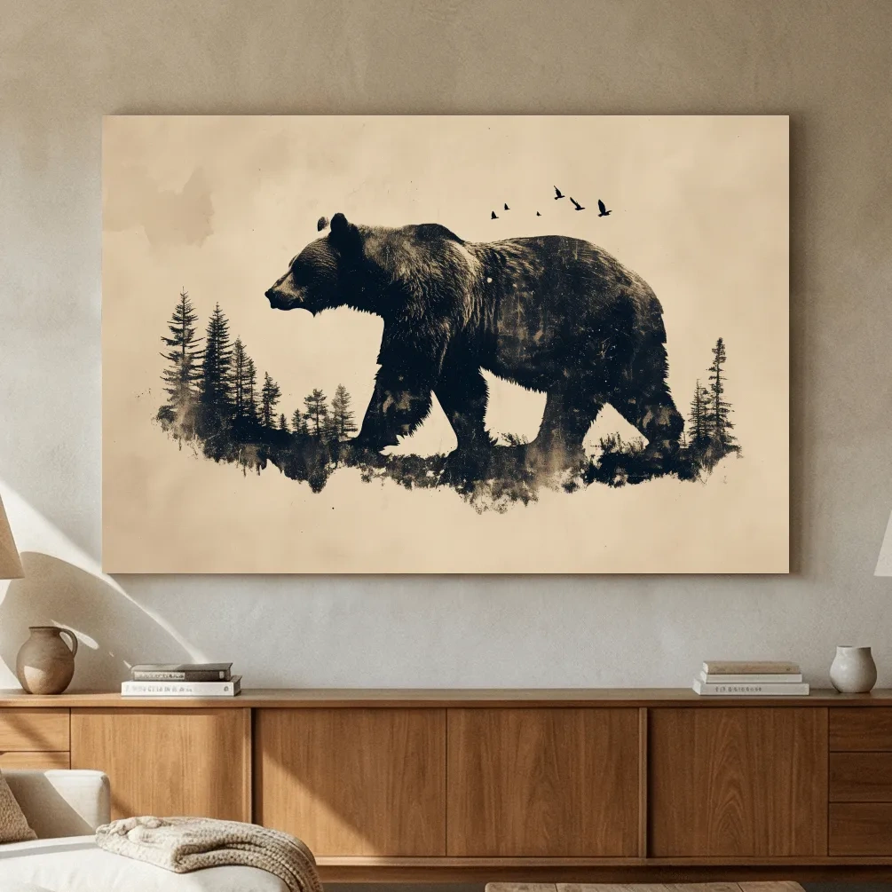 Vintage Grizzly Bear Forest Silhouette - Rustic Wildlife Wall Art