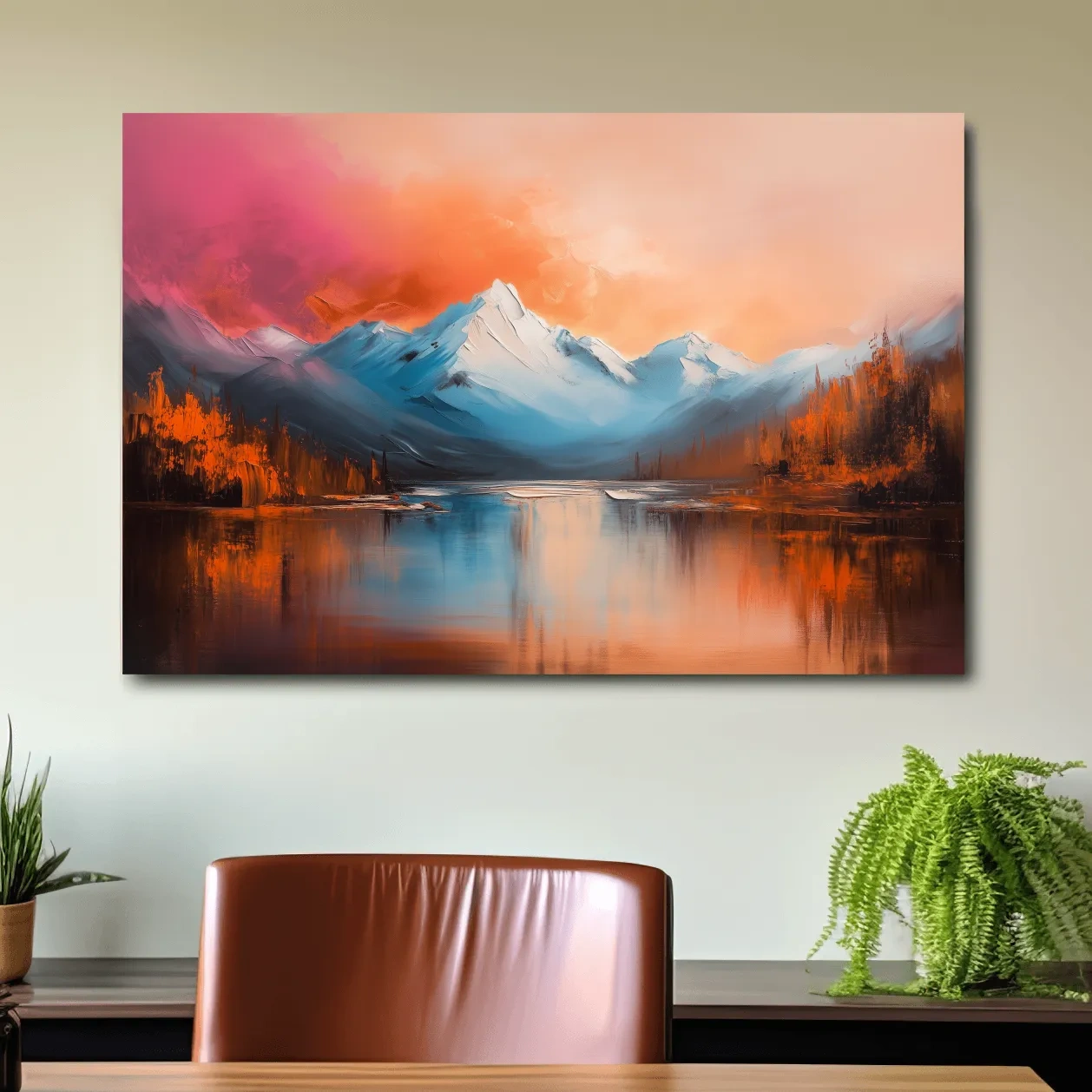 Textured Sunset Mountain Lake Painting - Serene Abstract Landscape Wall Art