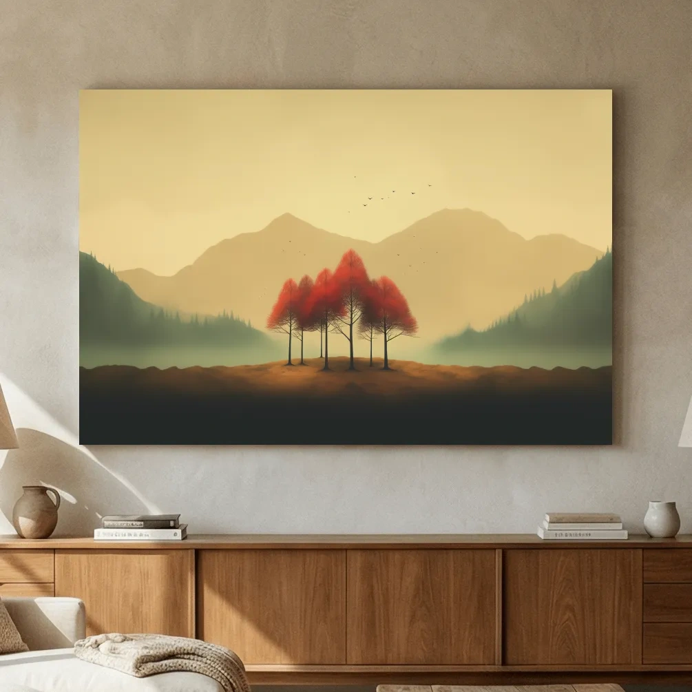 Minimalist Autumn Tree Grove Landscape - Misty Mountain Forest Wall Art