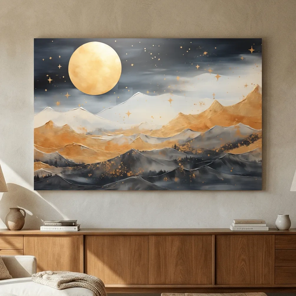 Golden Moonlit Abstract Mountain Landscape - Modern Metallic Watercolor Wall Art