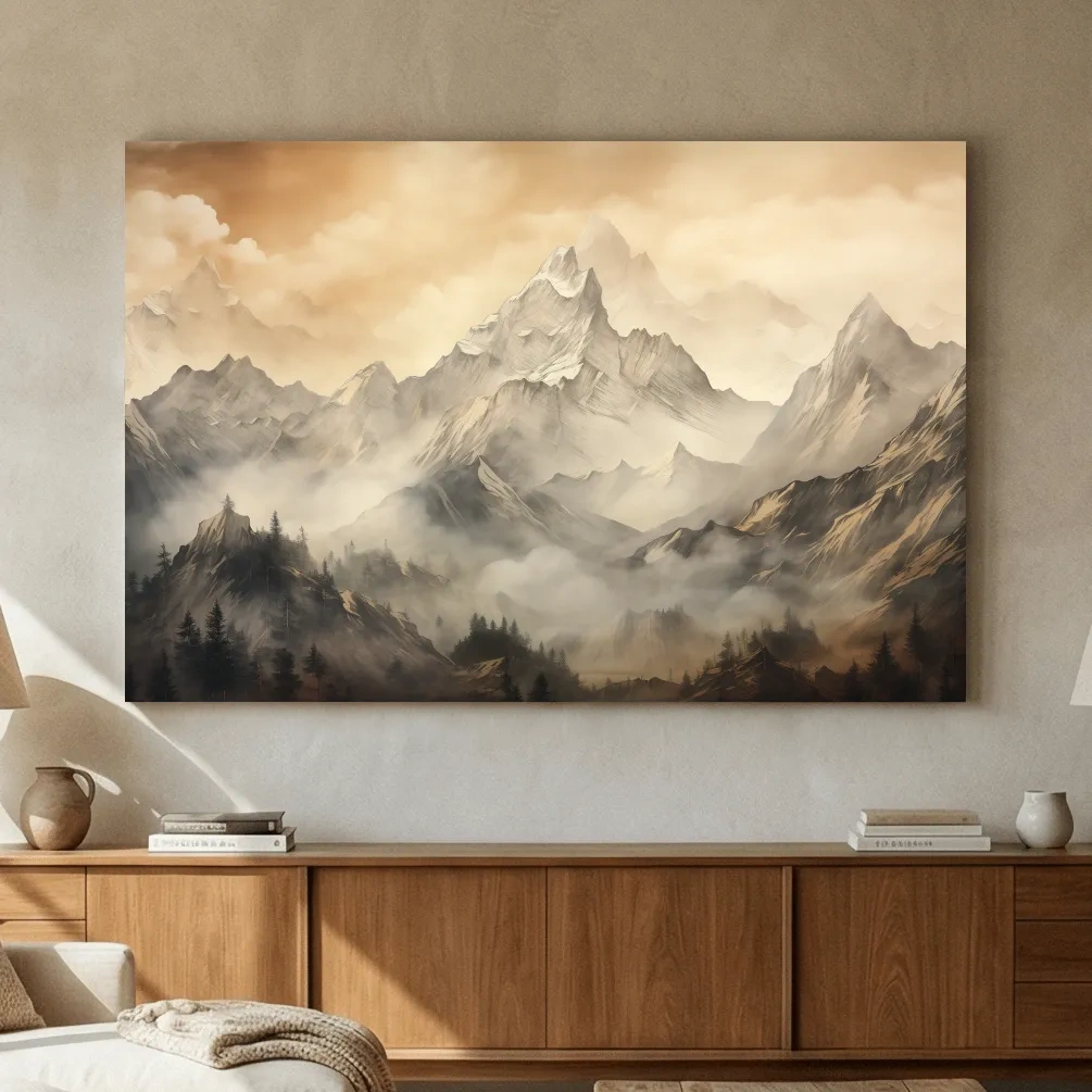 Moody Sepia Misty Mountain Peaks - Atmospheric Alpine Landscape Painting Wall Art