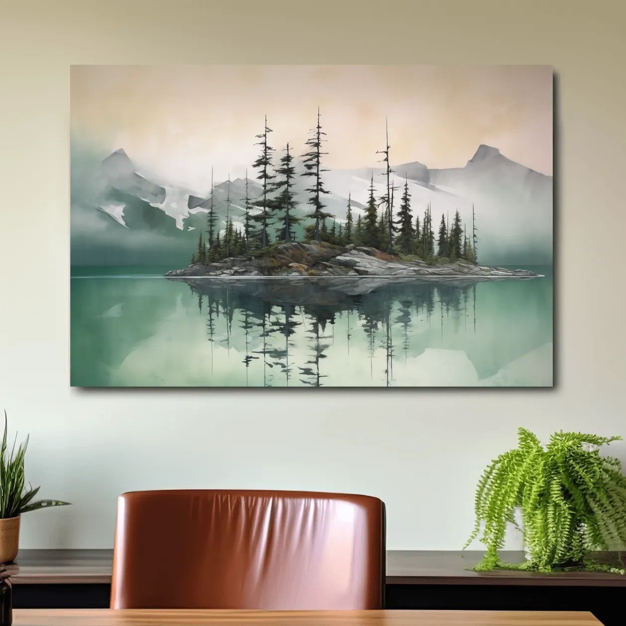 Misty Turquoise Alpine Lake Reflection - Serene Watercolor Mountain Landscape Wall Art