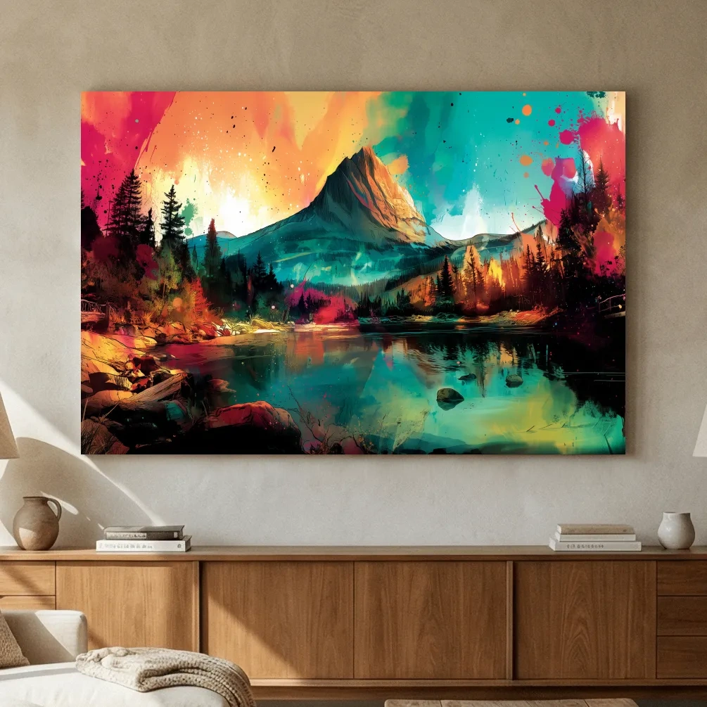 Vibrant Abstract Alpine Mountain Sunrise - Colorful Watercolor Style Artwork