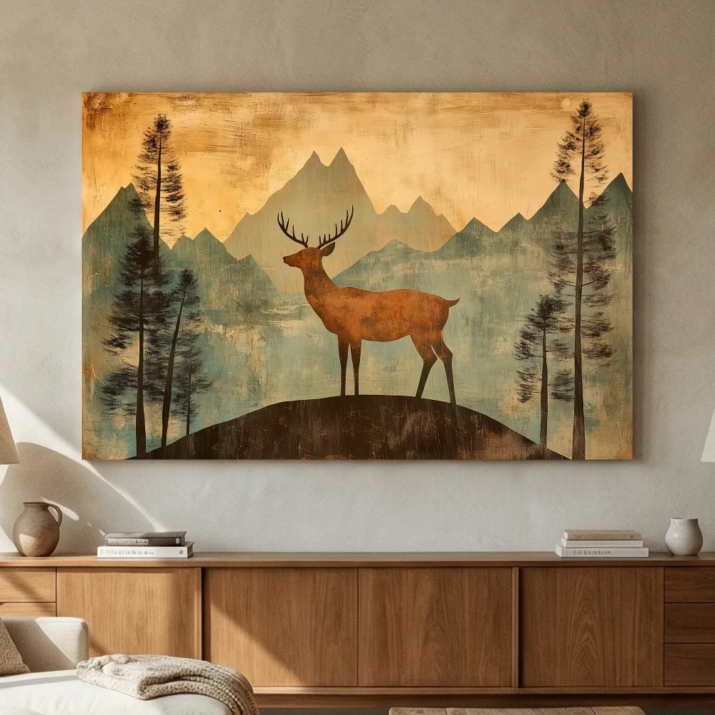 Rustic Deer Silhouette Mountain Landscape - Vintage Woodland Wall Art