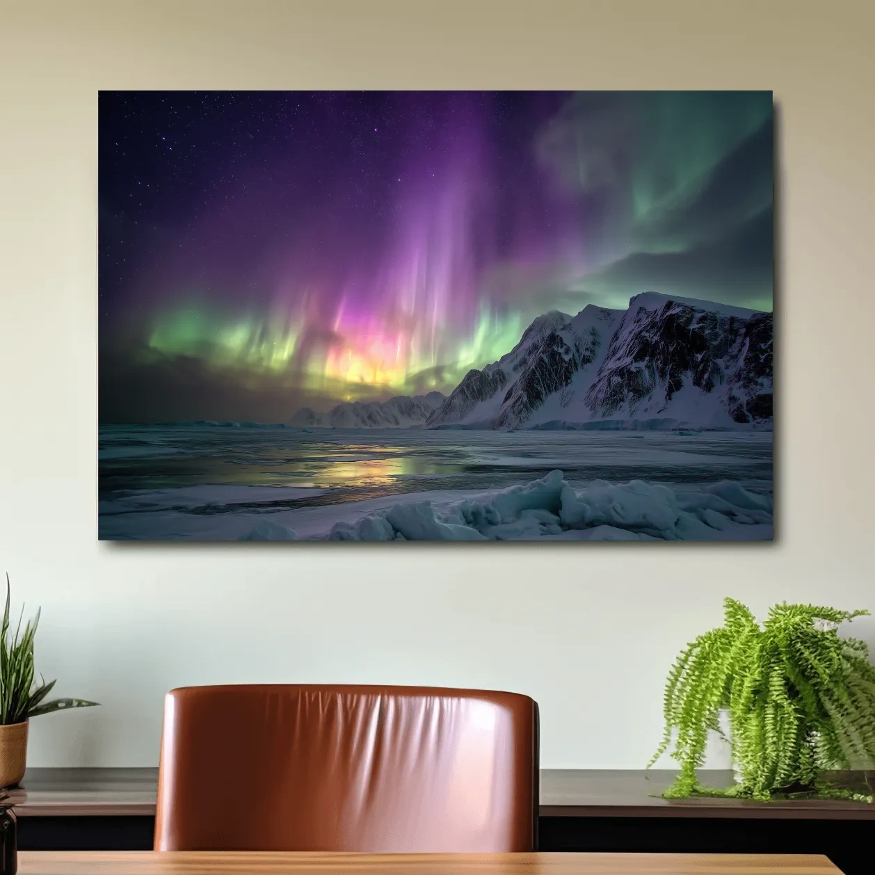 Vibrant Northern Lights Over Snowy Mountains - Aurora Borealis Photographic Night Sky Wall Art
