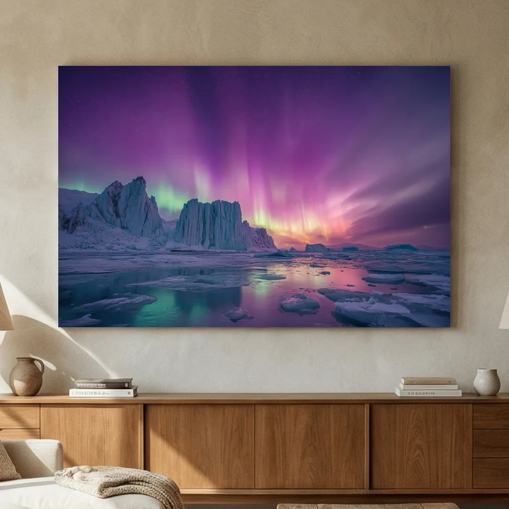 Vibrant Purple Northern Lights Over Arctic Icebergs - Aurora Borealis Landscape Wall Art