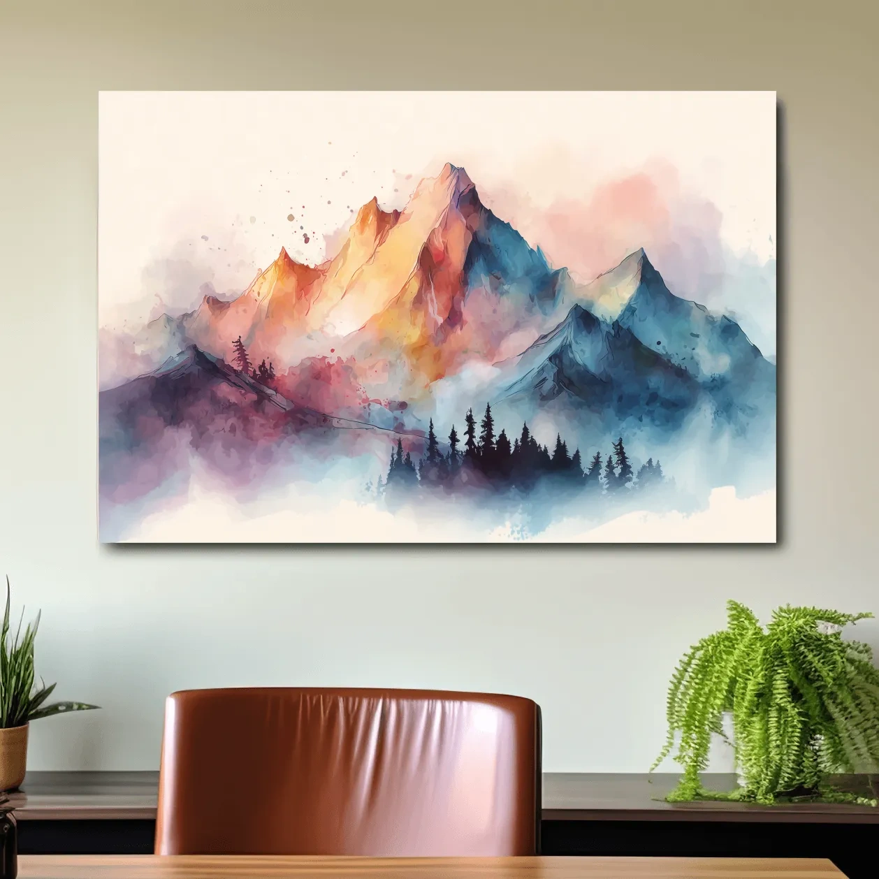 Vibrant Watercolor Mountain Peaks - Colorful Misty Alpine Forest Wall Art