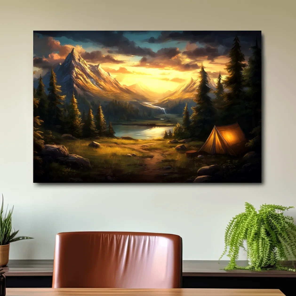 Golden Sunset Alpine Camping Scene Impressionist Painting - Scenic Mountain Wall Art