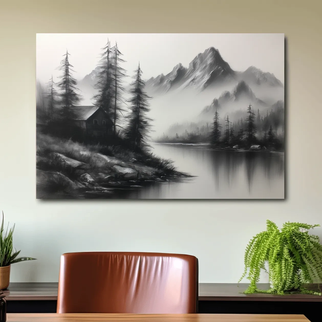 Moody Monochrome Alpine Lake Cabin - Charcoal Mountain Sketch Style Wall Art