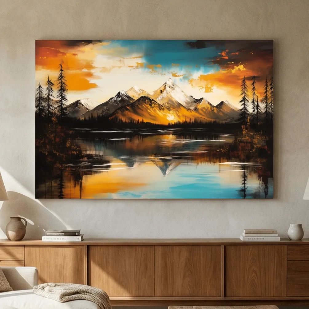 Alpine Mountain Sunset Oil Painting - Abstract Landscape Wall Art