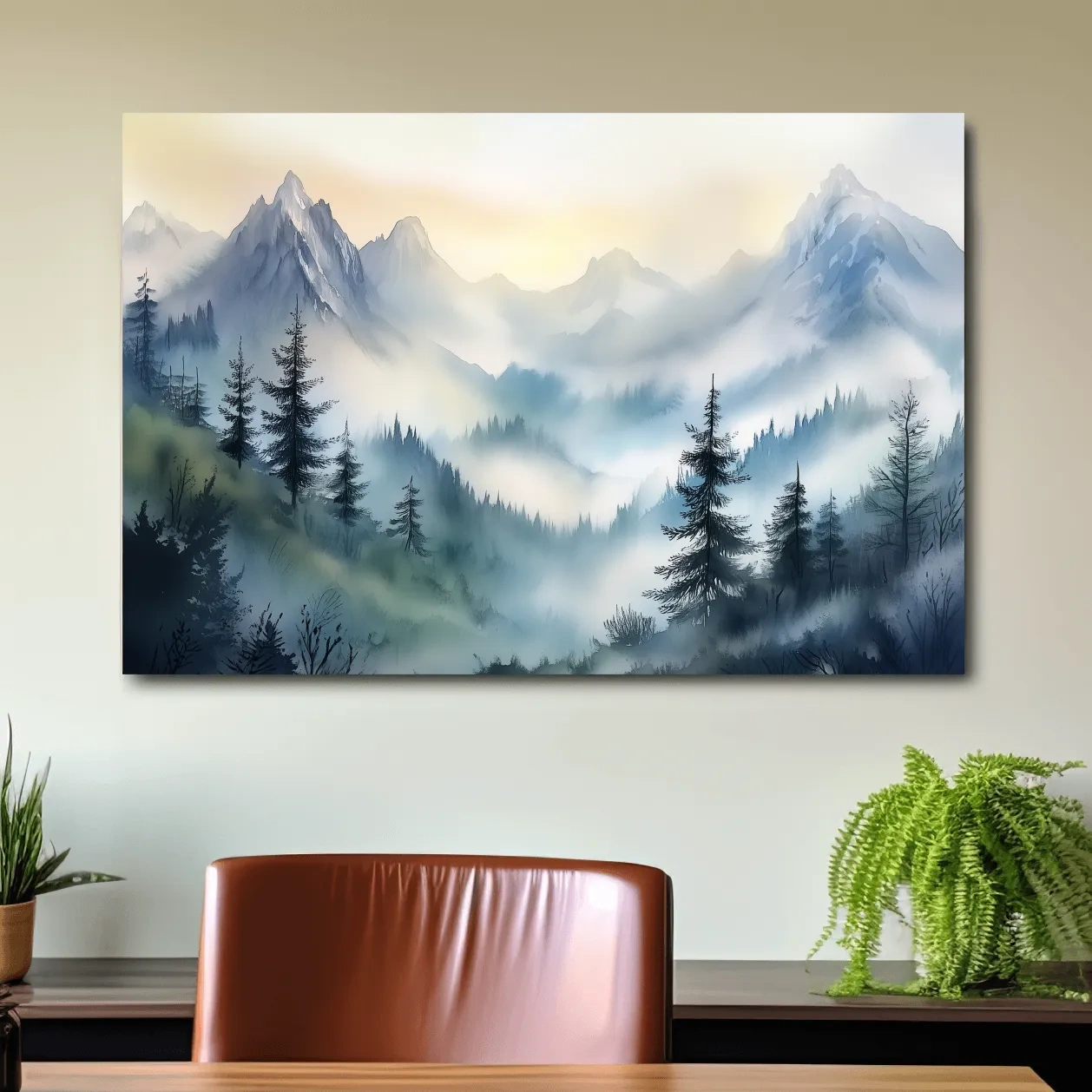 Chinese Ink Wash Watercolor Mountain Peaks - Foggy Alpine Wall Art