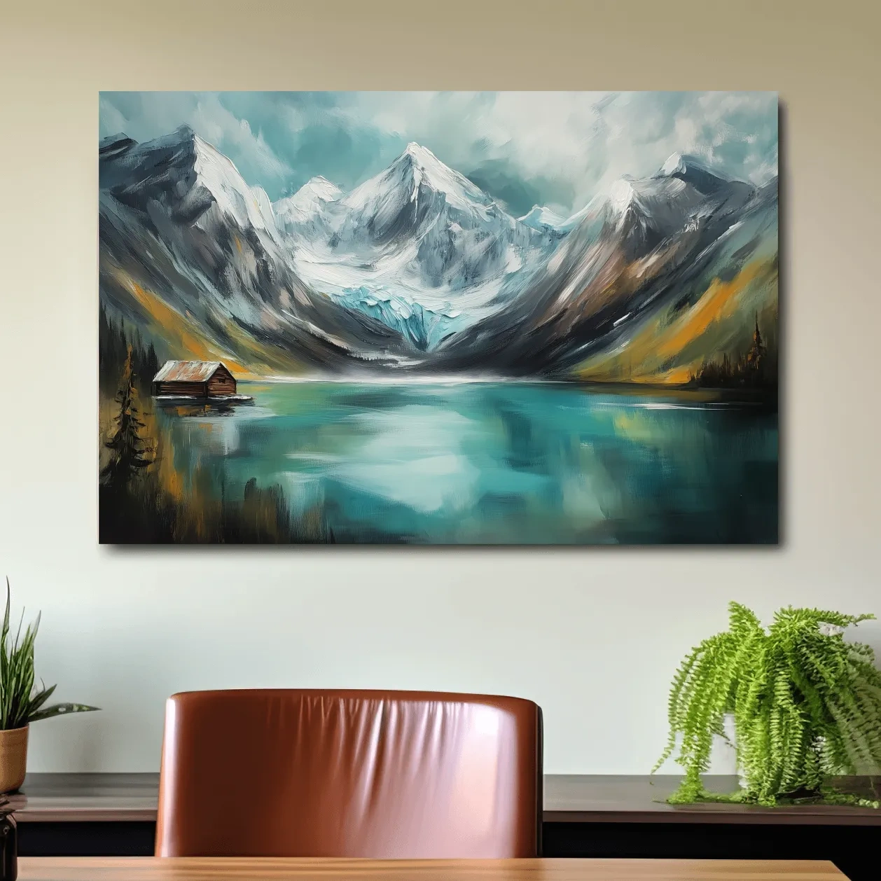 Turquoise Alpine Lake Cabin Painting - Snowy Mountain Landscape Wall Art