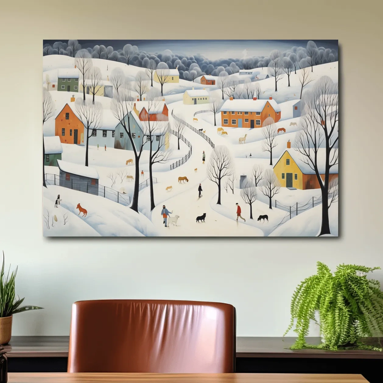 Whimsical Snowy Village Winter Landscape Painting - Folk Art Countryside Wall Art