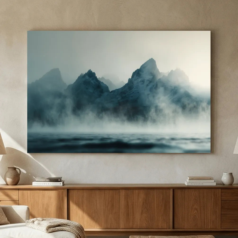 Moody Misty Mountain Peaks Over Water - Atmospheric Monochrome Landscape Wall Art