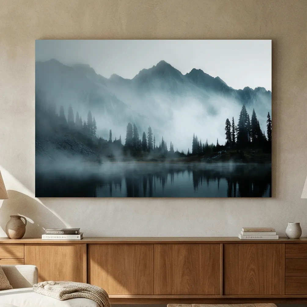 Moody Misty Mountain Lake Photography - Atmospheric Alpine Forest Wall Art
