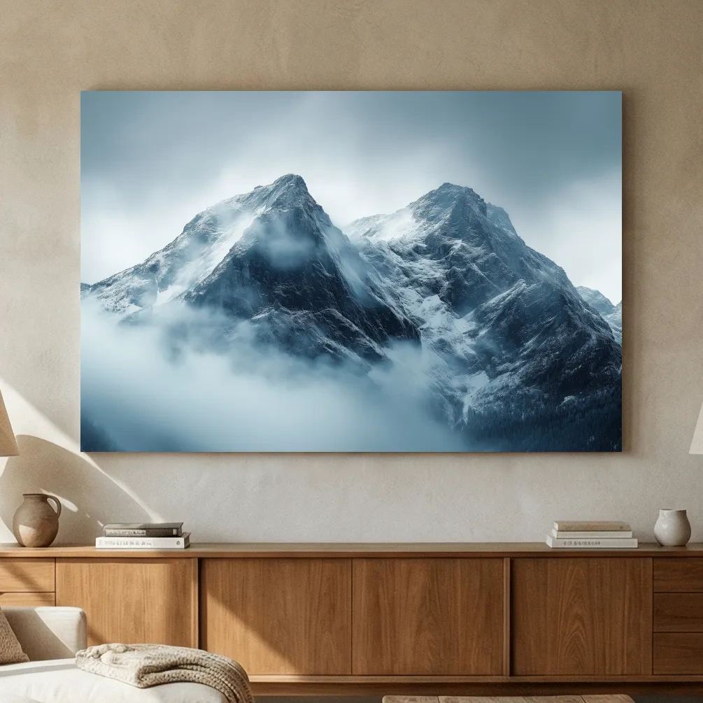 Moody Snowcapped Mountain Peaks - Atmospheric Alpine Photographic Wall Art