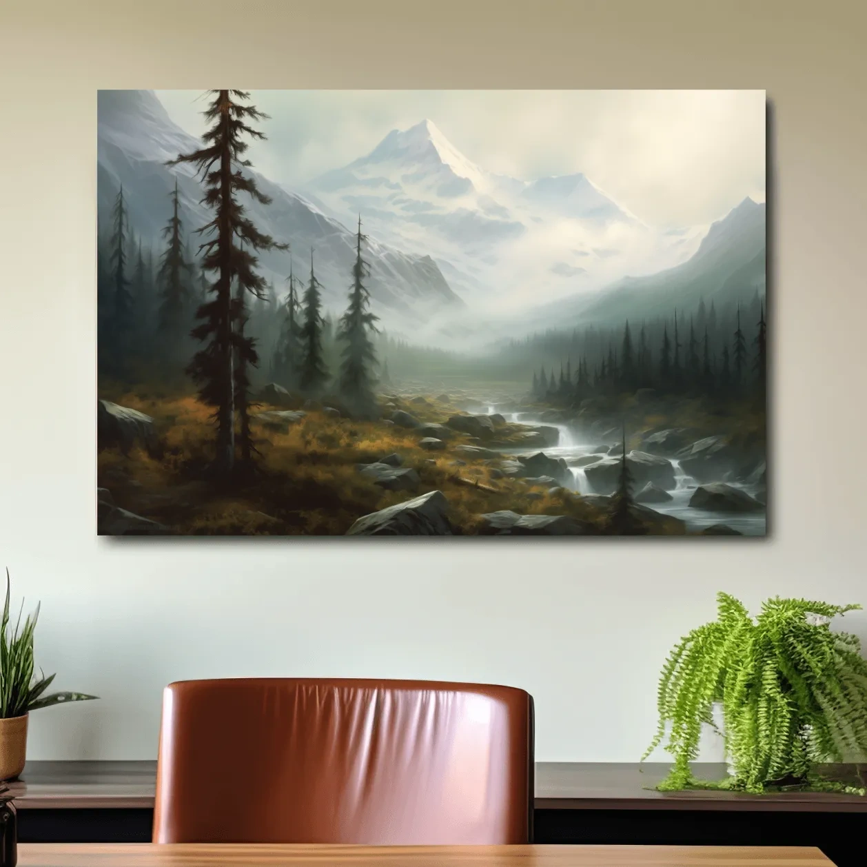 Misty Alpine Mountain Valley Painting - Foggy Evergreen Forest Wall Art