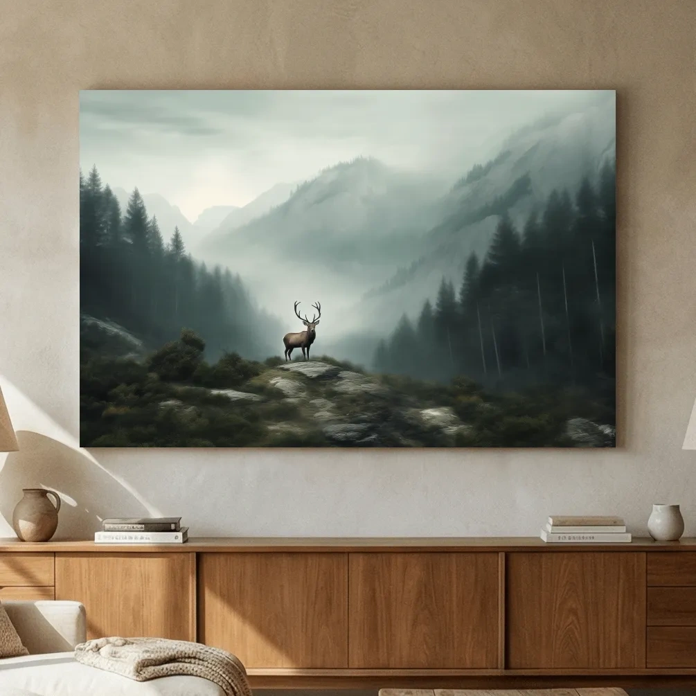 Moody Misty Mountain Deer Landscape - Atmospheric Forest Wildlife Wall Art