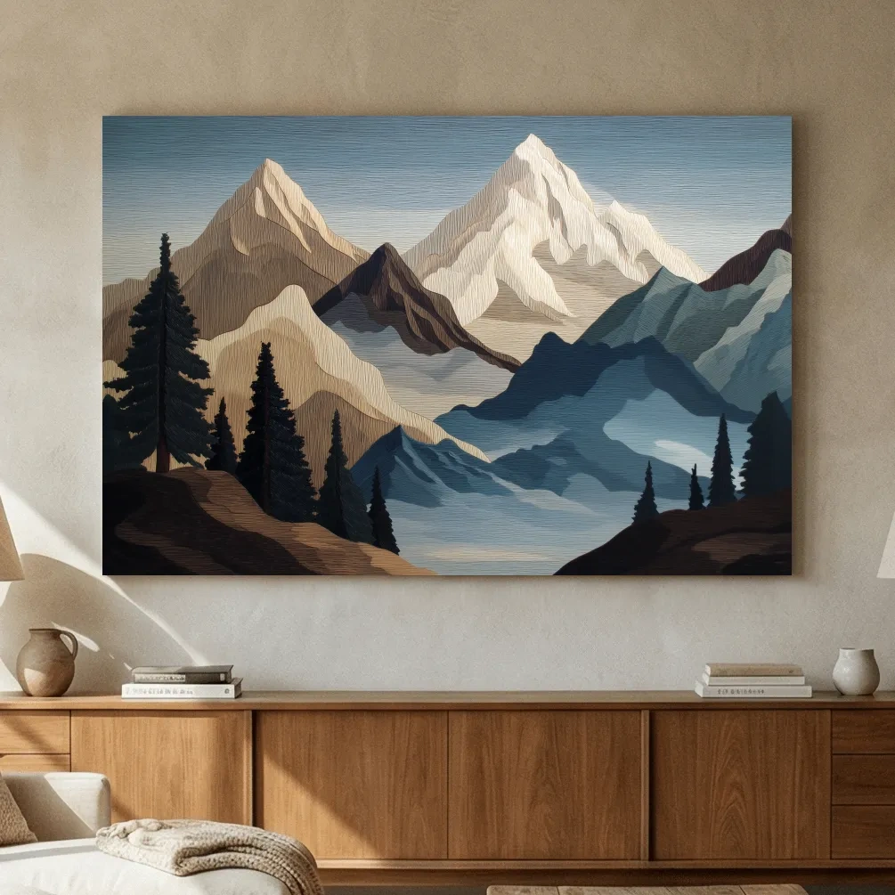 Textured Layered Alpine Mountain Peaks - Scenic Forest Wall Art