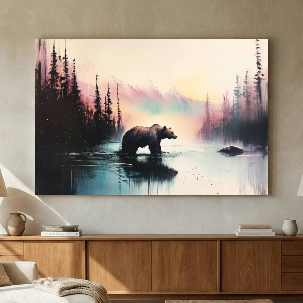 Moody Watercolor Grizzly Bear Lake Reflection - Misty Mountain Wilderness Wall Art