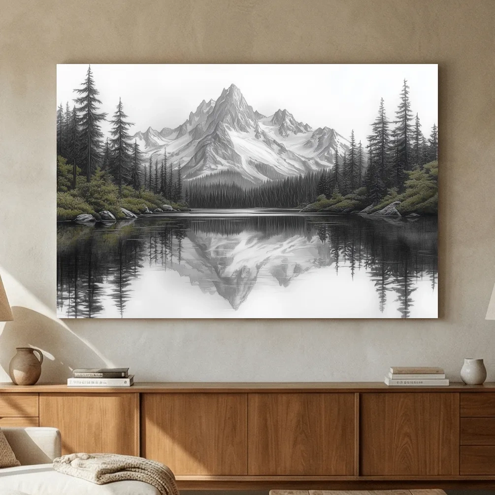 Monochrome Alpine Mountain Lake Reflection Sketch Artwork - Minimalist Forest Landscape Wall Art