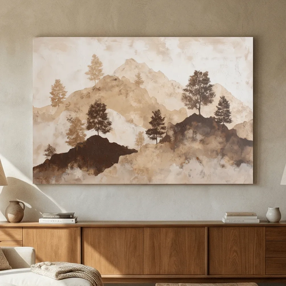 Wabi-Sabi Mountain Tree Silhouettes Painting - Minimalist Landscape Wall Art