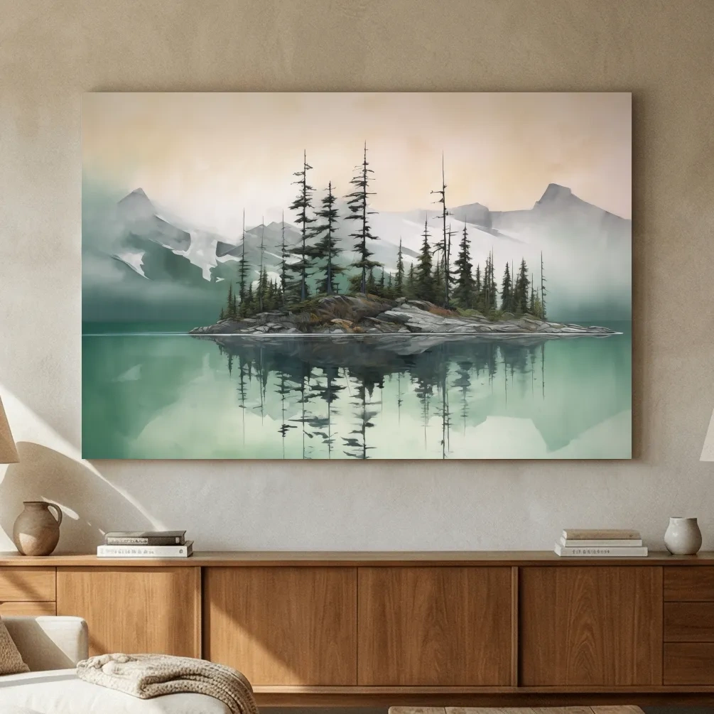 Misty Turquoise Alpine Lake Reflection - Serene Watercolor Mountain Landscape Wall Art