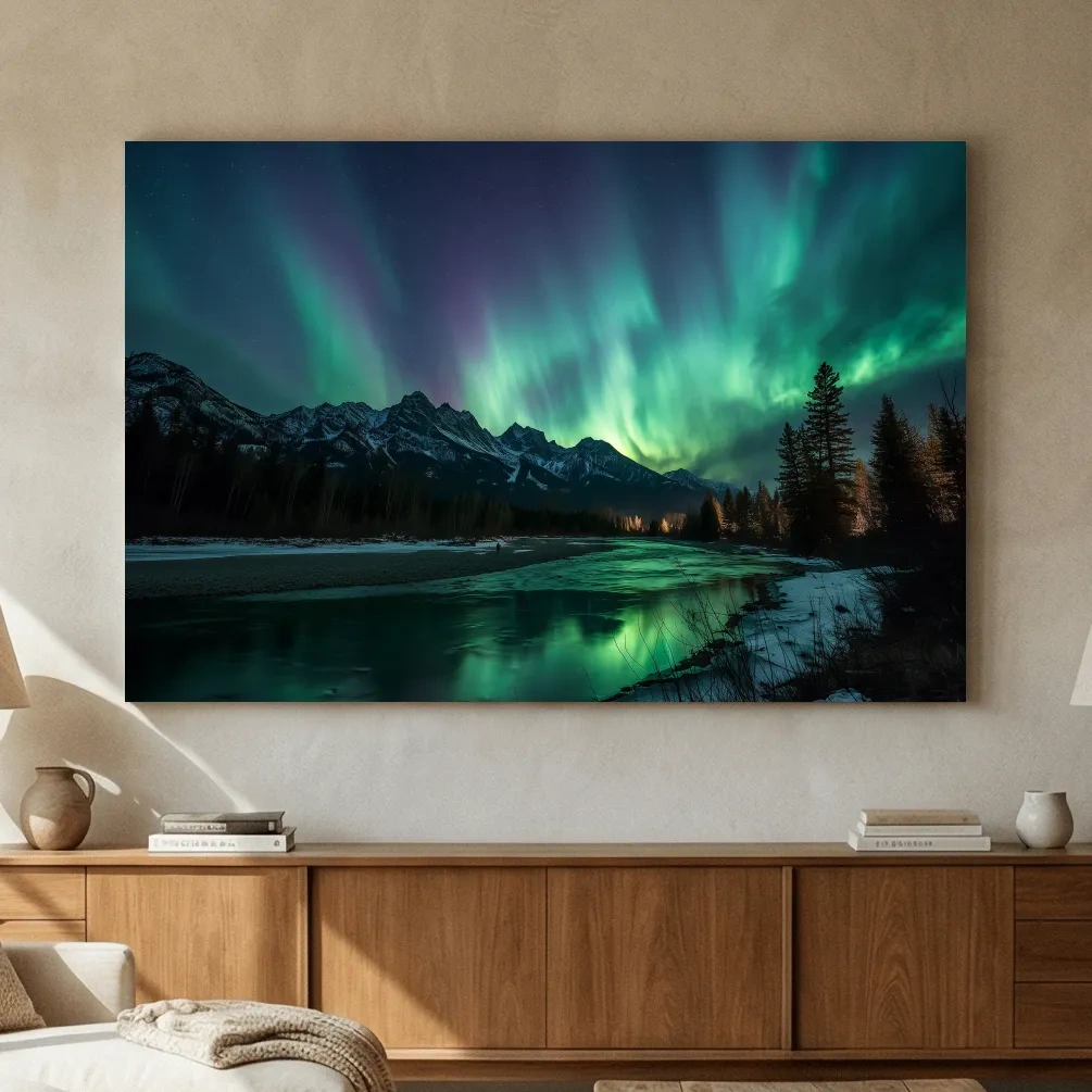 Vibrant Green Northern Lights Over Frozen Lake - Aurora Borealis Landscape Wall Art