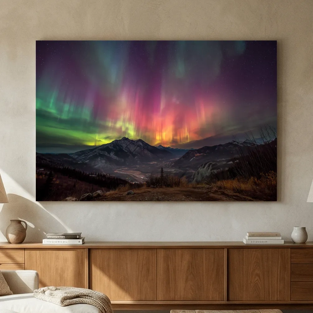 Vibrant Aurora Borealis Over Mountain Range - Colorful Northern Lights Landscape Wall Art