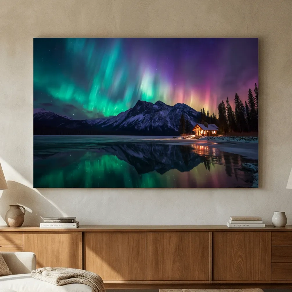 Vibrant Northern Lights Over Mountain Lake Cabin - Aurora Borealis Landscape Wall Art