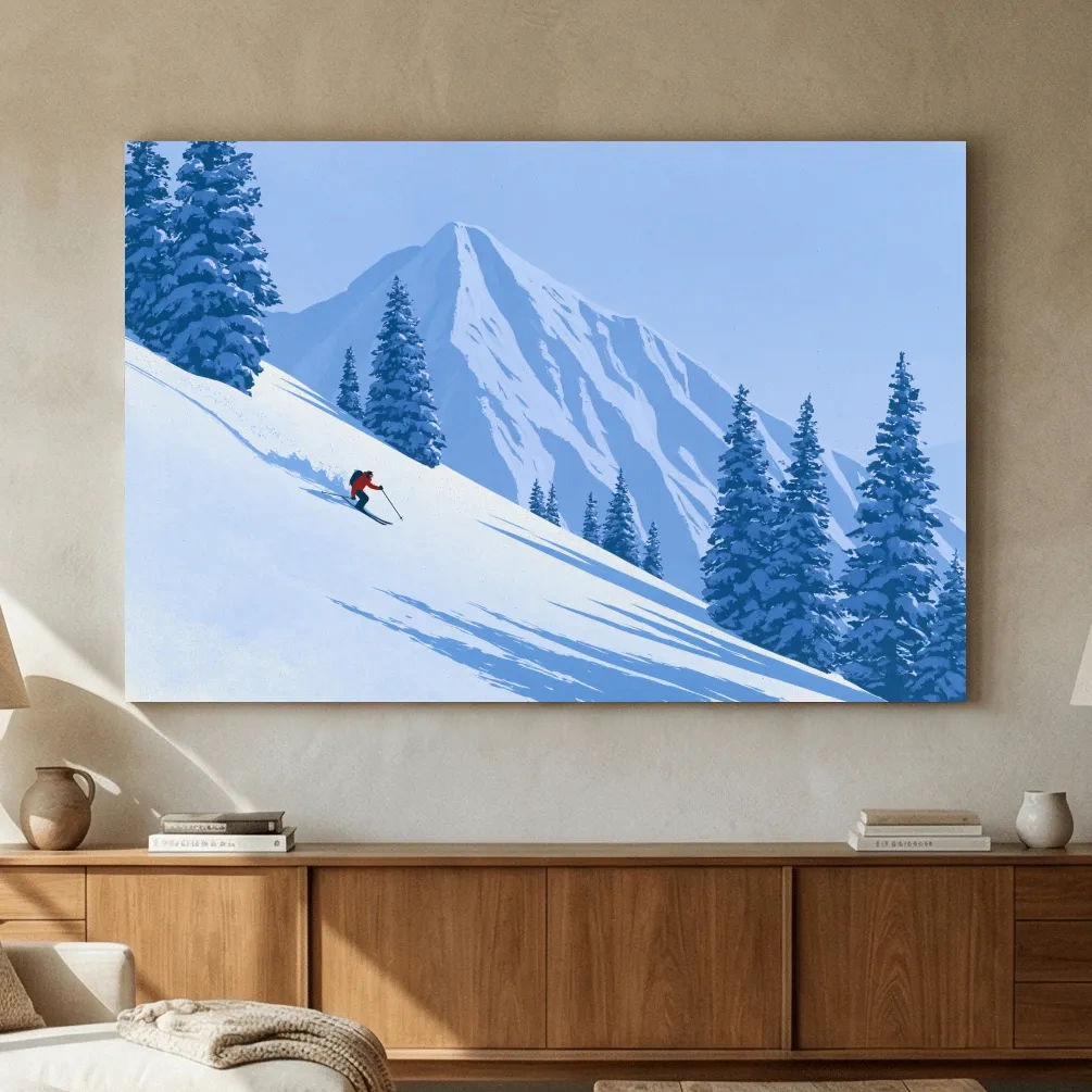 Minimalist Snowy Mountain Skier Landscape - Winter Alpine Illustration Wall Art
